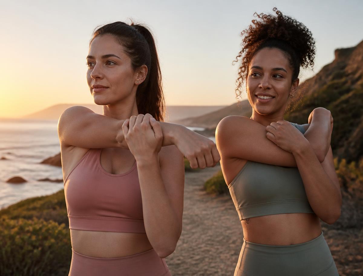 Two women stretching their shoulders on a coastal trail at sunrise